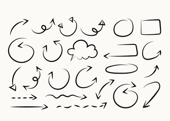 Hand drawn signs and numbers for social networks. Sale in the store and phone number. Arrows and dots. Vector set with lines and arrows