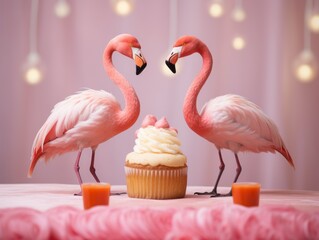 Minimal concept of two pink flamingos sitting at the table with birthday cake in minimal pastel pink living room