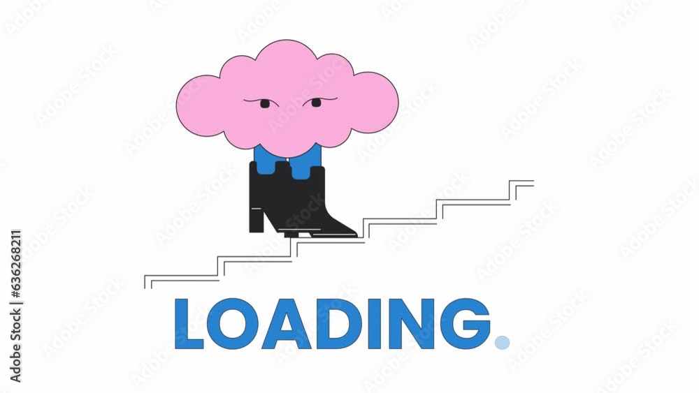 Poster surreal cloud walking up stairs in boots line 2d loading animation. cumulus stepping up animated car