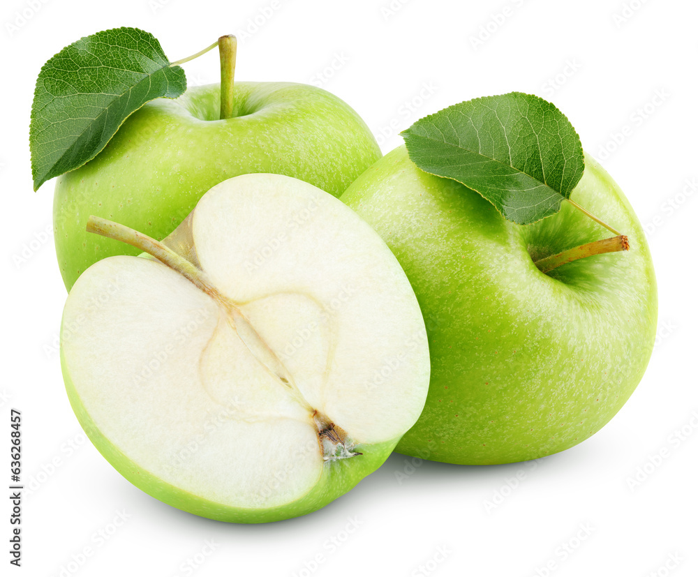 Wall mural group of ripe green apple fruits with apple half without seeds and green leaf isolated on transparen - Wall murals