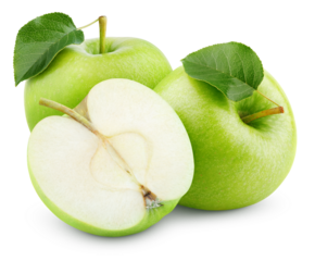 Group of ripe green apple fruits with apple half without seeds and green leaf isolated on transparent background.