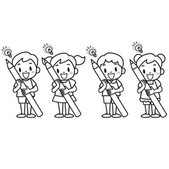 鉛筆を持っているひらめいた表情の男の子と女の子