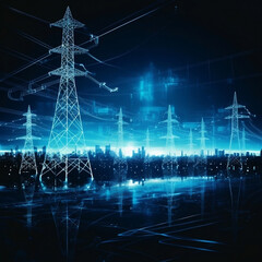 Industrial landscape concept with blue power lines in dark blue background. High Voltage transfer towers across a field. 3D render illustration