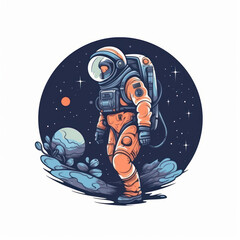 Astronaut walking on a planet. Cartoon illustration. Generative AI.