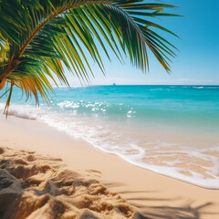 Sandy tropical beach with a palm tree branch. Blue sky summer relax concept. 3D render illustration