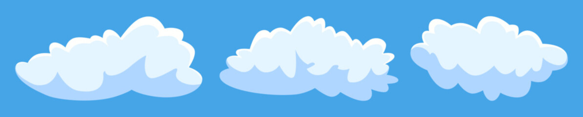 Clouds set isolated on a blue background. Soft round cartoon fluffy clouds icon. Geometric shapes vector illustration