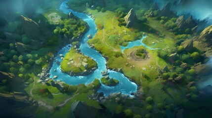 Game Map, Board Game Digital Board, Top View.forests and floating lands.Concept Art Scenery. Book Illustration. Video Game Scene. Serious Digital Painting. CG Artwork Background. Generative AI.
- 636269208