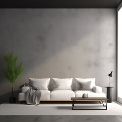 Contemporary living room interior design showcasing a white sofa against a backdrop of an unadorned black concrete wall. 3D render illustration