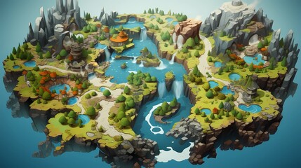 Game Map, Board Game Digital Board, Top View.forests and floating lands.Concept Art Scenery. Book Illustration. Video Game Scene. Serious Digital Painting. CG Artwork Background. Generative AI.
