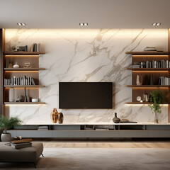 Contemporary home interior design featuring a marble TV wall adorned with a bookshelf. 3D render illustration