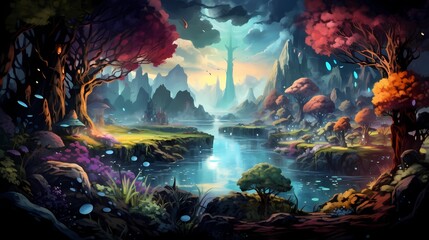 Obraz na płótnie Canvas Game Map, Board Game Digital Board, Top View.forests and floating lands.Concept Art Scenery. Book Illustration. Video Game Scene. Serious Digital Painting. CG Artwork Background. Generative AI. 