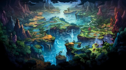 Game Map, Board Game Digital Board, Top View.forests and floating lands.Concept Art Scenery. Book Illustration. Video Game Scene. Serious Digital Painting. CG Artwork Background. Generative AI.
- 636269256