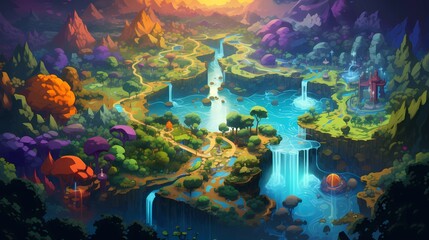 Fototapeta na wymiar Game Map, Board Game Digital Board, Top View.forests and floating lands.Concept Art Scenery. Book Illustration. Video Game Scene. Serious Digital Painting. CG Artwork Background. Generative AI. 