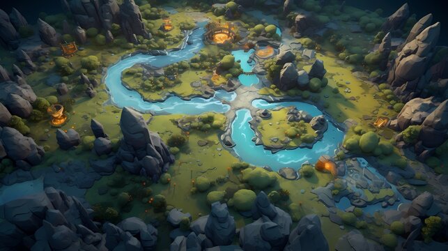 Game Map, Board Game Digital Board, Top View.forests and floating lands.Concept Art Scenery. Book Illustration. Video Game Scene. Serious Digital Painting. CG Artwork Background. Generative AI.
