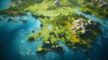 Game Map, Board Game Digital Board, Top View.forests and floating lands.Concept Art Scenery. Book Illustration. Video Game Scene. Serious Digital Painting. CG Artwork Background. Generative AI.
