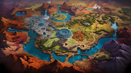 Game Map, Board Game Digital Board, Top View.forests and floating lands.Concept Art Scenery. Book Illustration. Video Game Scene. Serious Digital Painting. CG Artwork Background. Generative AI.
