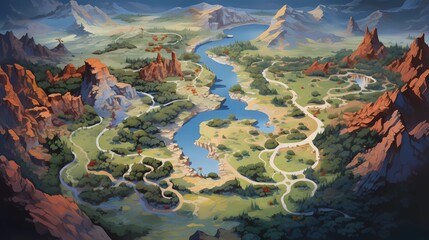 Game Map, Board Game Digital Board, Top View.forests and floating lands.Concept Art Scenery. Book Illustration. Video Game Scene. Serious Digital Painting. CG Artwork Background. Generative AI.
