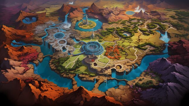 Game Map, Board Game Digital Board, Top View.forests and floating lands.Concept Art Scenery. Book Illustration. Video Game Scene. Serious Digital Painting. CG Artwork Background. Generative AI.
