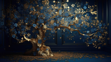 Elegant gold and royal blue floral tree with leaves and flowers hanging branches illustration background. 3D abstraction wallpaper for interior.
