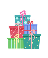 Pile of gift boxes in festive wrapping paper with ribbon and bows. Stack of different presents for Christmas holiday. Flat vector illustration isolated on white