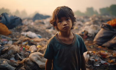 Poor homeless children in garbage dump at city, The environment is toxic.