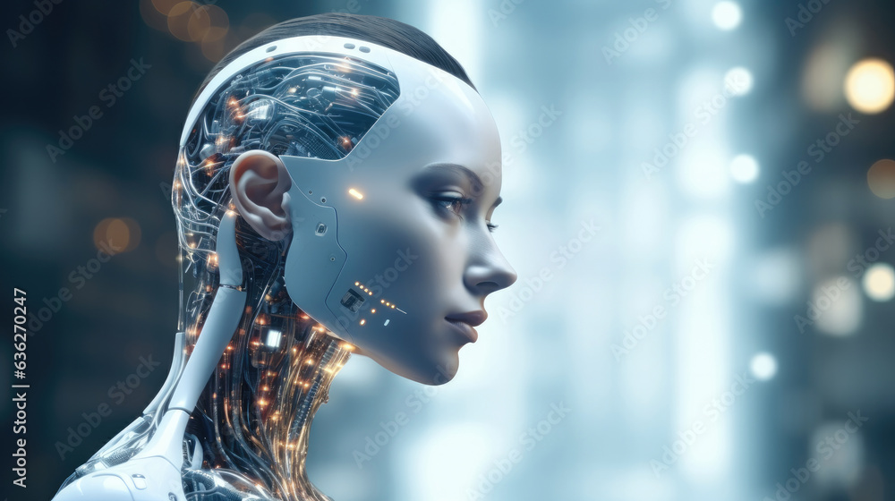 Poster Robot cyber girl, Futuristic robot with artificial intelligence, Artificial intelligence with a digital brain is learning to process big data.