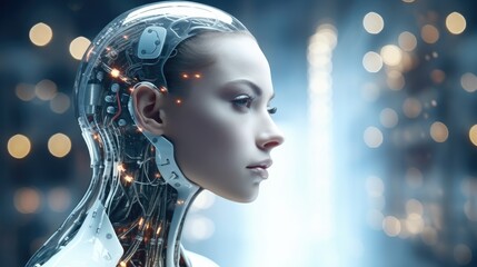 Cyborg beautiful girl with a neural network thinks, Artificial intelligence with a digital brain is learning to process big data.