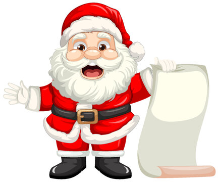 Cheerful Santa Claus Cartoon Character with Christmas Scroll