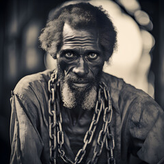 Historical portrait of black slave in chains. - obrazy, fototapety, plakaty