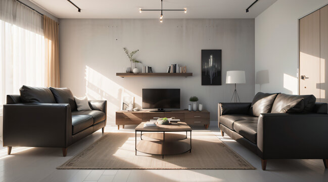 Modern living room, minimalist design, empty concrete wall.