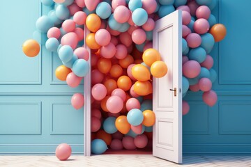 Obraz premium Colorful balloons floating around a open door, Banner design.