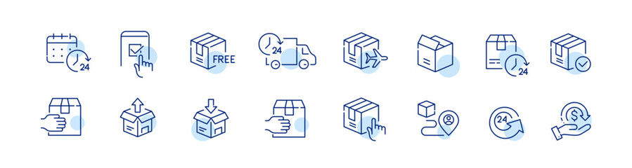 Set of parcel delivery icons. Express 24 hour service, free return and online application tracking. Pixel perfect, editable stroke icon - obrazy, fototapety, plakaty