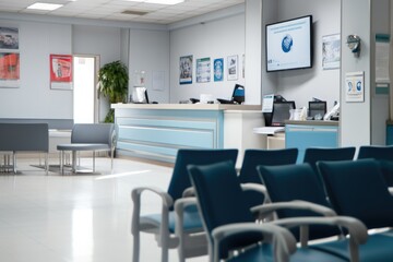 Hospital waiting room with reception counter at medical facility.
