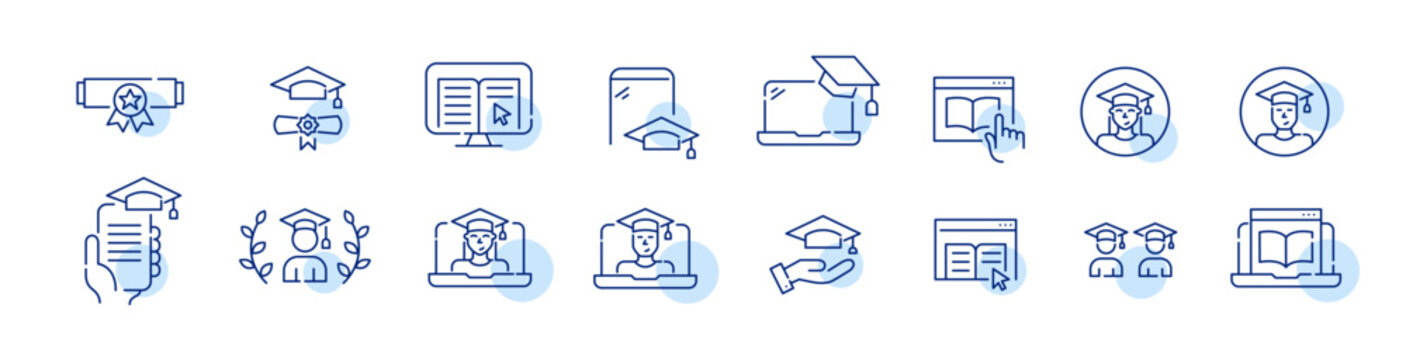 Online university education icons. Reading books online, using app. Graduation cum laude. Pixel perfect, editable stroke set