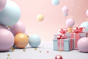 Pastel Festive Bliss: 3D Gifts, Confetti, and Balloons Creating a Magical New Year and Christmas Background.