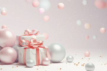 Pastel Festive Bliss: 3D Gifts, Confetti, and Balloons Creating a Magical New Year and Christmas Background.