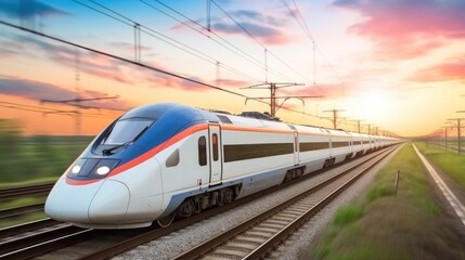 Naklejka premium High speed fast train passenger locomotive in motion at the railway station, Travel transportation concept.