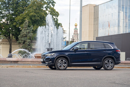Moscow. Russia, July 23: Skywell ET5 Electric car. Elaris Beo, Skyworth EV6, Imperium SEV on the street