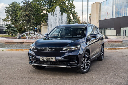 Moscow. Russia, July 23: Skywell ET5 Electric car. Elaris Beo, Skyworth EV6, Imperium SEV on the street