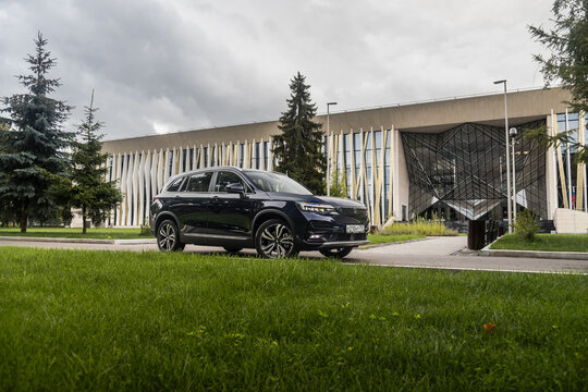 Moscow. Russia, July 23: Skywell ET5 Electric car. Elaris Beo, Skyworth EV6, Imperium SEV on the street