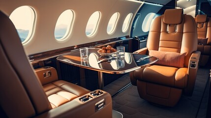 Private Jet Interior, Featuring high-end furniture and technology.