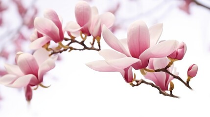 Pink spring magnolia flowers branch on white background.