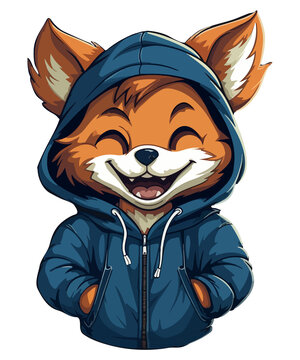 S&uuml;&szlig;er Cartoon Fuchs mit blauem Hoodie Pullover lacht fr&ouml;hlich und freut sich hin