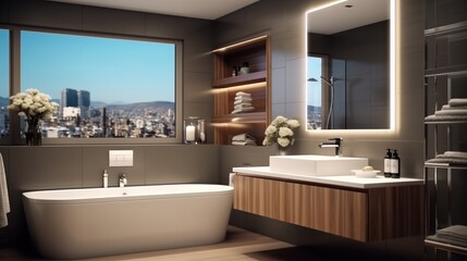 Fototapeta na wymiar Modern bathroom interior, Stylish automated bathroom showcasing refined elegance.