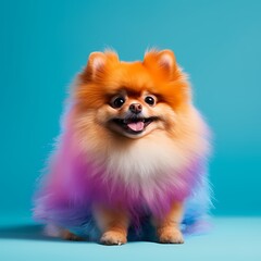 Obraz premium A pomeranian dog sitting on a blue background