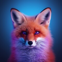 A fox with pink and blue eyes on blue and purple background, in the style of solarization effect,...