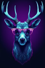 A deer in glasses on a purple background, in the style of photorealistic surrealism, neonpunk,.