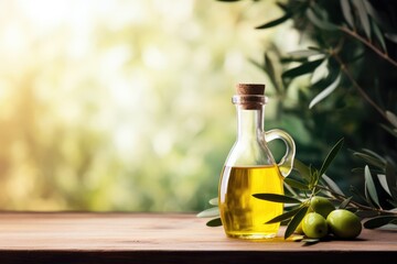 Olive oil in bottle on copy space background.