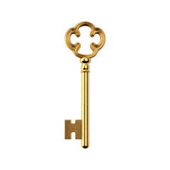 Golden key isolated on white, transparent background, PNG