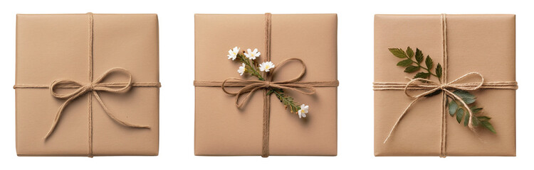 Gifts decorated with flowers wrapped in kraft paper on a transparent background. Generative AI
